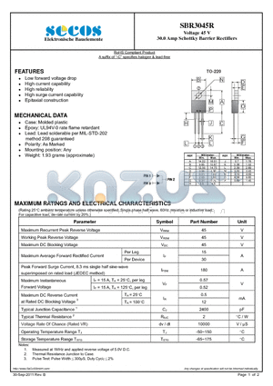 SBR3045R_11 datasheet - Voltage 45 V 30.0 Amp Schottky Barrier Rectifiers