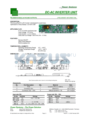 PS-DA0412-04S datasheet - DC-AC INVERTER UNIT 20 W QUAD OUTPUTS