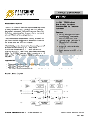 PE3293 datasheet - 1.8GHz/550MHz Dual Fractional-N Ultra-Low Spurious PLL for Frequency Synthesis