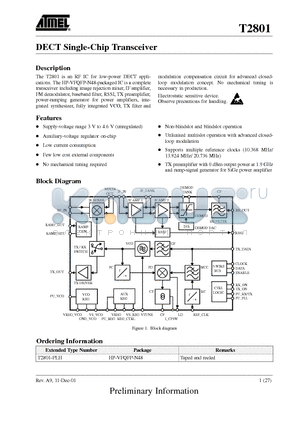 T2801 datasheet - DECT Single-Chip Transceiver