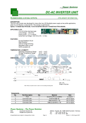 PS-DA0414-02 datasheet - DC-AC INVERTER UNIT 14 W DUAL OUTPUTS