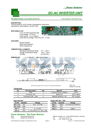 PS-DA0412-04 datasheet - DC-AC INVERTER UNIT 20 W QUAD OUTPUTS