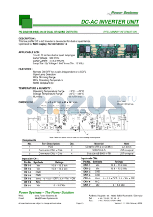 PS-DA0416-01 datasheet - DC-AC INVERTER UNIT 18 W DUAL OR QUAD OUTPUTS