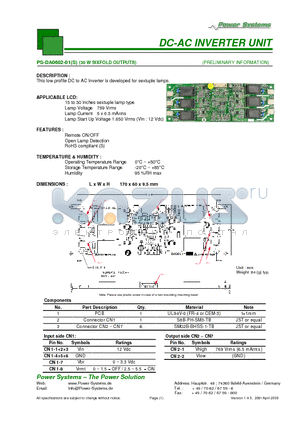 PS-DA0602-01 datasheet - DC-AC INVERTER UNIT 30 W SIXFOLD OUTPUTS