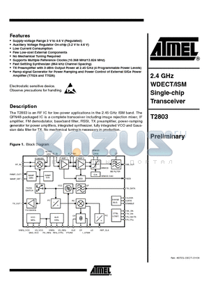 T2803-PLQ datasheet - 2.4 GHZ WDECT/ISM SINGLE CHIP TRANSCEIVER