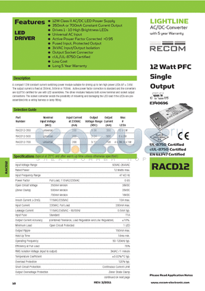 RACD12-350 datasheet - AC/DC-Converter with 5 year Warranty