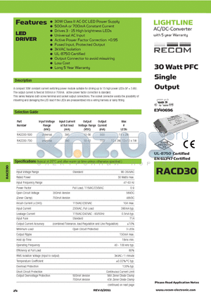 RACD30-500 datasheet - AC/DC-Converter with 5 year Warranty