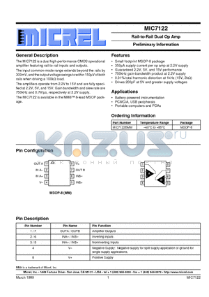 MIC7122 datasheet - Rail-to-Rail Dual Op Amp Preliminary Information