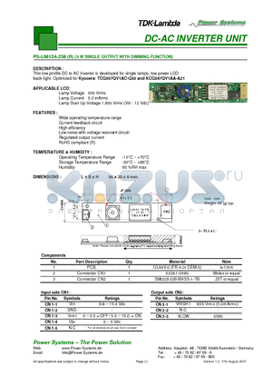 PS-L0612A-238 datasheet - DC-AC INVERTER UNIT 5 W SINGLE OUTPUT WITH DIMMING FUNCTION