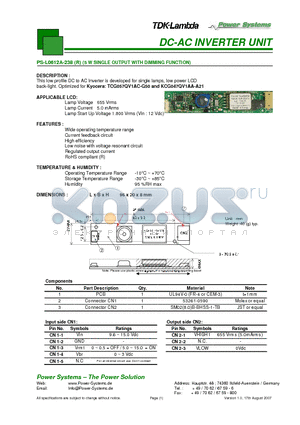 PS-L0612A-238R datasheet - DC-AC INVERTER UNIT 5 W SINGLE OUTPUT WITH DIMMING FUNCTION