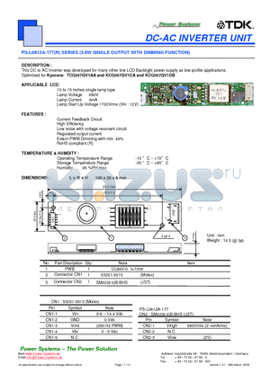 PS-L0612A-177 datasheet - DC-AC INVERTER UNIT 5.0W SINGLE OUTPUT WITH DIMMING FUNCTION