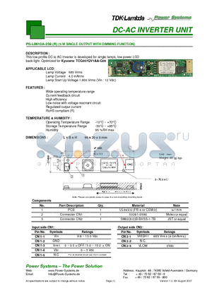 PS-L0612A-239 datasheet - DC-AC INVERTER UNIT 5 W SINGLE OUTPUT WITH DIMMING FUNCTION