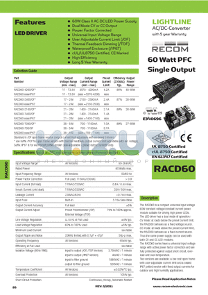 RACD60 datasheet - 60 Watt PFC Single Output