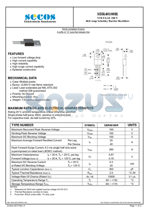 SBR40100R datasheet - VOLTAGE 100 V 40.0 Amp Schottky Barrier Rectifiers