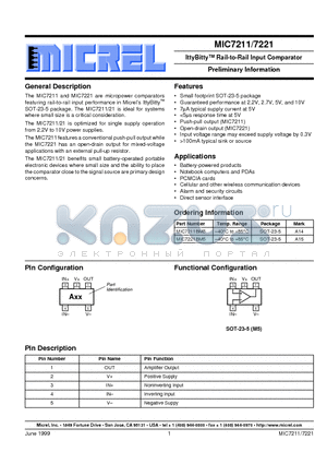 MIC7211BM5 datasheet - IttyBitty Rail-to-Rail Input Comparator Preliminary Information