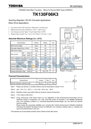 TK130F06K3 datasheet - Swiching Regulator,DC-DC Converter Applications Motor Drive Applications