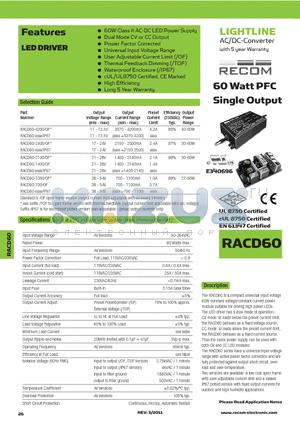 RACD60-2100 datasheet - 60 Watt PFC Single Output