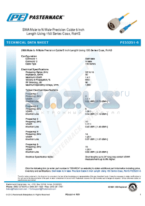 PE33231-6 datasheet - SMA Male to N Male Precision Cable 6 Inch Length Using 150 Series Coax, RoHS