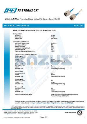 PE33232 datasheet - N Male N Male Precision Cable Using 150 series Coax RoHS