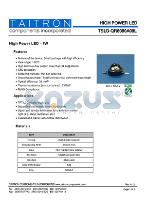 TSLG-QR8080A08L-92-TR70 datasheet - High Power LED - 1W