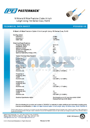 PE33232-18 datasheet - N Male to N Male Precision Cable 18 Inch Length Using 150 Series Coax, RoHS