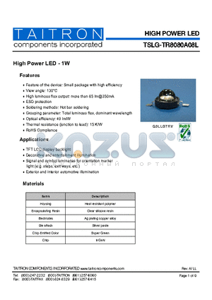 TSLG-TR8080A08L datasheet - High Power LED - 1W
