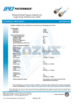 PE33232-24 datasheet - N Male to N Male Precision Cable 24 Inch Length Using 150 Series Coax, RoHS