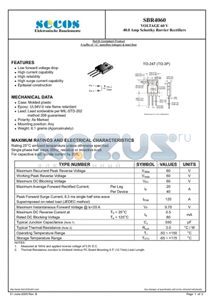 SBR4060 datasheet - VOLTAGE 60 V 40.0 Amp Schottky Barrier Rectifiers