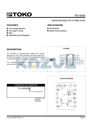 TK14600 datasheet - NARROW BAND FM IF AMPLIFIER