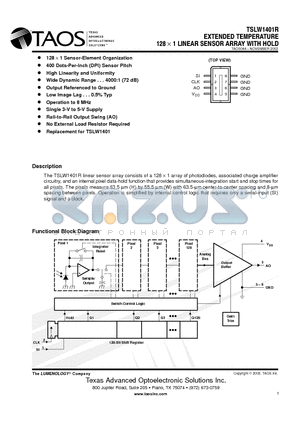 TSLW1401R datasheet - EXTENDED TEMPERATURE 128 x 1 LINEAR SENSOR ARRAY WITH HOLD