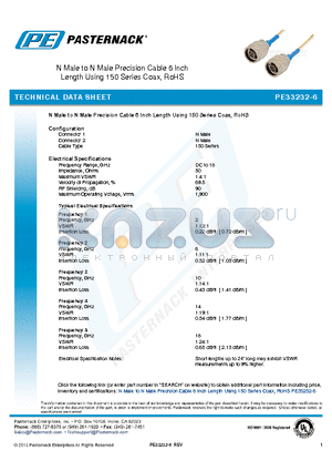 PE33232-6 datasheet - N Male to N Male Precision Cable 6 Inch Length Using 150 Series Coax, RoHS