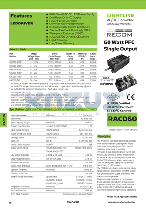 RACD60-700 datasheet - 60 Watt PFC Single Output