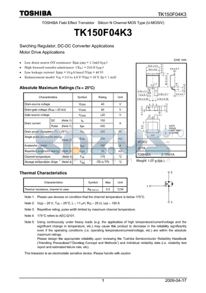 TK150F04K3 datasheet - Swiching Regulator, DC-DC Converter Applications Motor Drive Applications