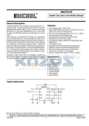 MIC79110-4.2BML datasheet - Simple 1.2A Linear Li-Ion Battery Charger