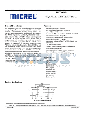 MIC79110-4.2BML datasheet - Simple 1.2A Linear Li-Ion Battery Charger