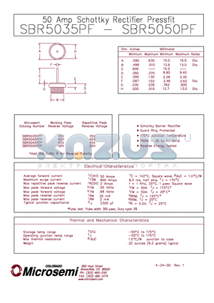 SBR5050PF datasheet - 50 Amp Schottky Rectifier Pressfit