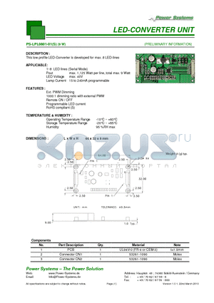PS-LPL0801-01 datasheet - LED-CONVERTER UNIT 9 W
