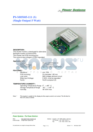 PS-M05S05-111S datasheet - Single Output 5 Watt