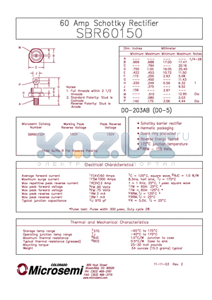 SBR60150 datasheet - 60 AMP SCHOTTKY RECTIFIER