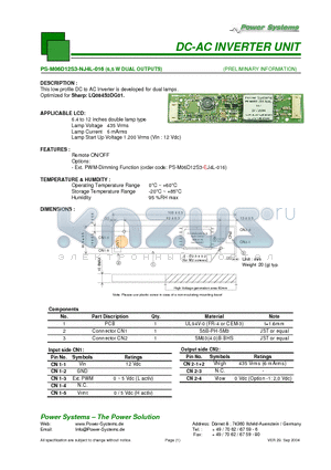 PS-M06D12S3-NJ4L-016 datasheet - DC-AC INVERTER UNIT 6,5 W DUAL OUTPUTS