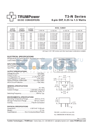 T3-1D0505N datasheet - DC/DC CONVERTERS 8-pin DIP, 0.25 to 1.5 Watts