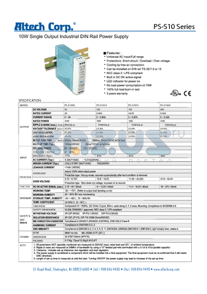 PS-S10 datasheet - 10W Single Output Industrial DIN Rail Power Supply