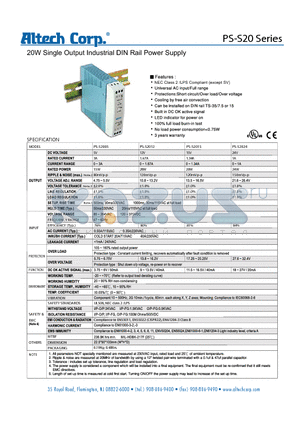 PS-S20 datasheet - 20W Single Output Industrial DIN Rail Power Supply