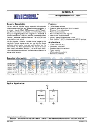 MIC809-5SBC3 datasheet - Microprocessor Reset Circuit