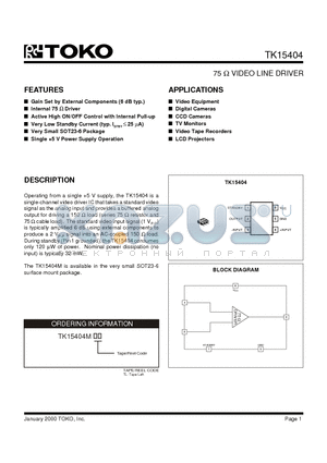 TK15404 datasheet - 75 OHM VIDEO LINE DRIVER