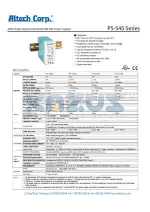 PS-S40 datasheet - 40W Single Output Industrial DIN Rail Power Supply