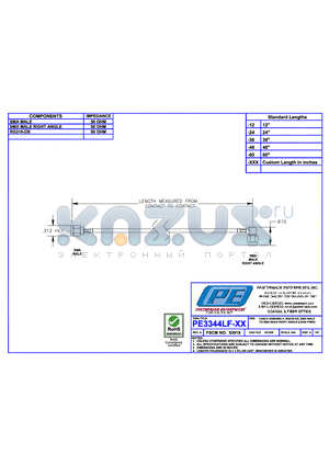 PE3344LF datasheet - CABLE ASSEMBLY RG316-DS SMA MALE TO SMA MALE RIGHT ANGLE(LEAD FREE)