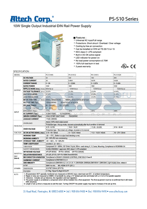 PS-S1012 datasheet - 10W Single Output Industrial DIN Rail Power Supply