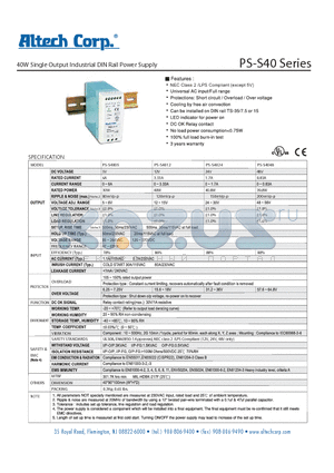 PS-S4024 datasheet - 40W Single Output Industrial DIN Rail Power Supply