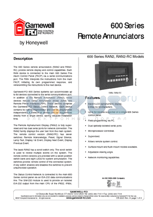 RAN2-F datasheet - Remote annunciator, surface mount, 4-line x 40-character alphanumeric display